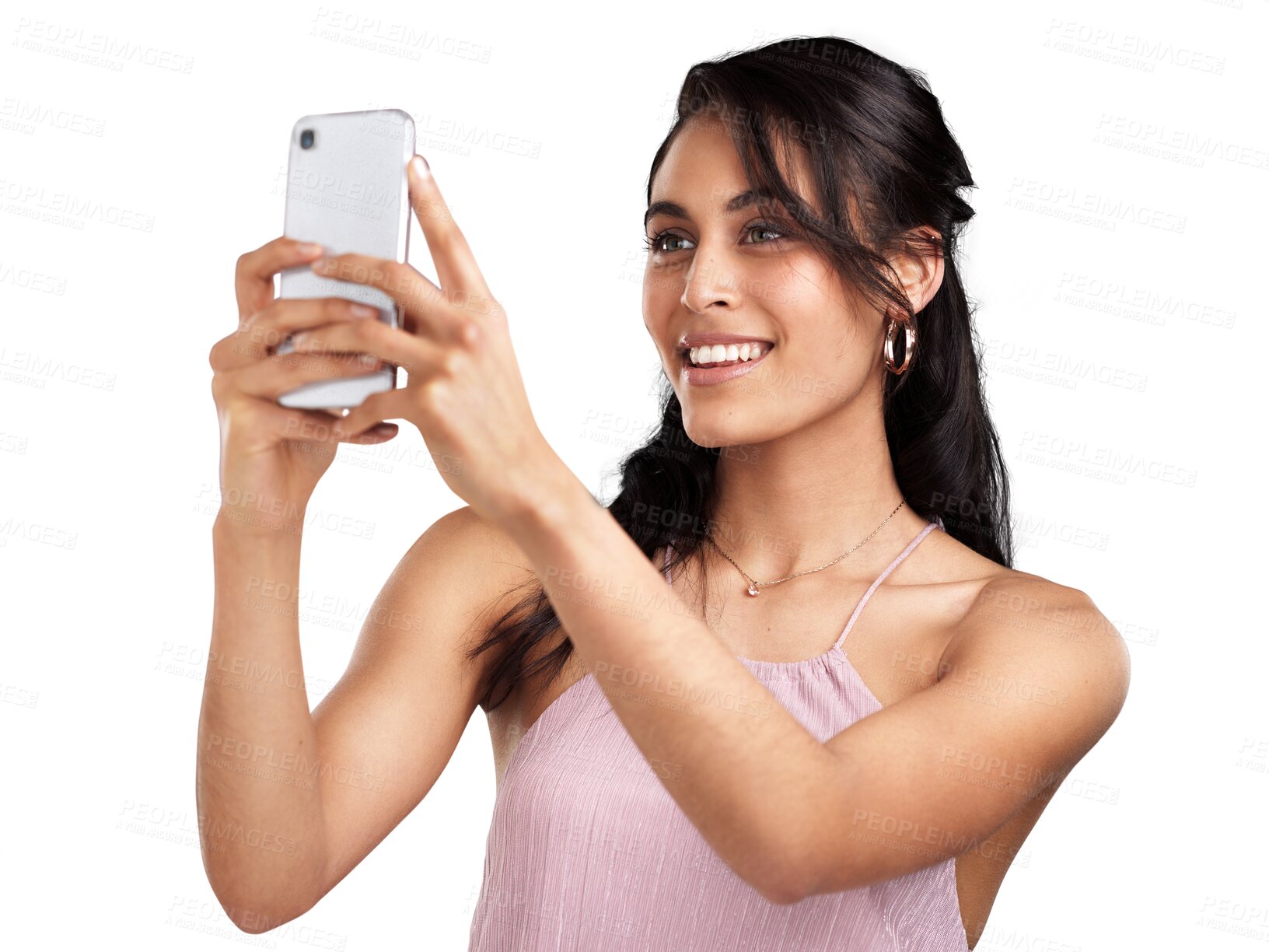 Buy stock photo Isolated young woman, selfie and smile with beauty, fashion and post on blog by transparent png background. Young influencer girl, profile picture and social network app with happiness for web update