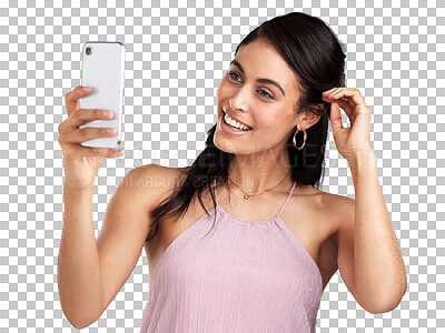 Buy stock photo Isolated young woman, selfie and happy for beauty, fashion or post on blog by transparent png background. Influencer girl, student and profile picture on social network app, website and online update