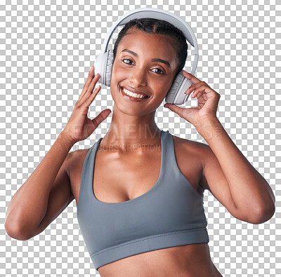 Buy stock photo Workout, portrait and happy woman listening to headphones song, audio mp3 podcast or radio sound. Smile, streaming gym playlist and Indian sports person isolated on transparent, png background