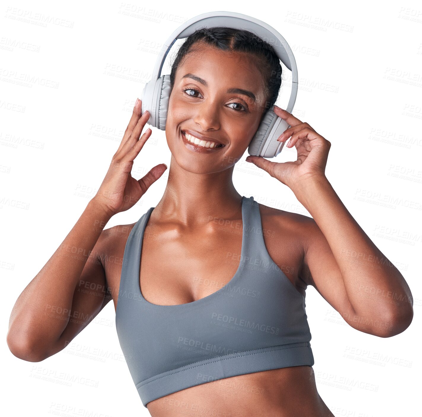 Buy stock photo Workout, portrait and happy woman listening to headphones song, audio mp3 podcast or radio sound. Smile, streaming gym playlist and Indian sports person isolated on transparent, png background