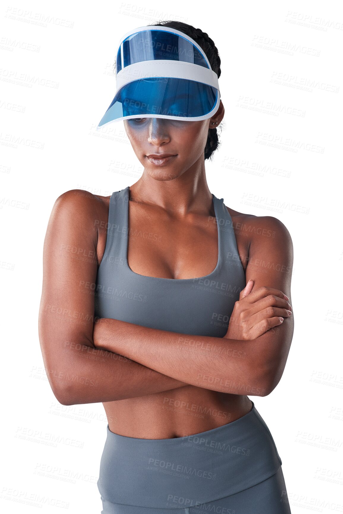 Buy stock photo Fitness fashion, arms crossed and woman with gym clothes, athlete sportswear and active wear for cardio training. Confidence, exercise outfit and sports person isolated on transparent, png background