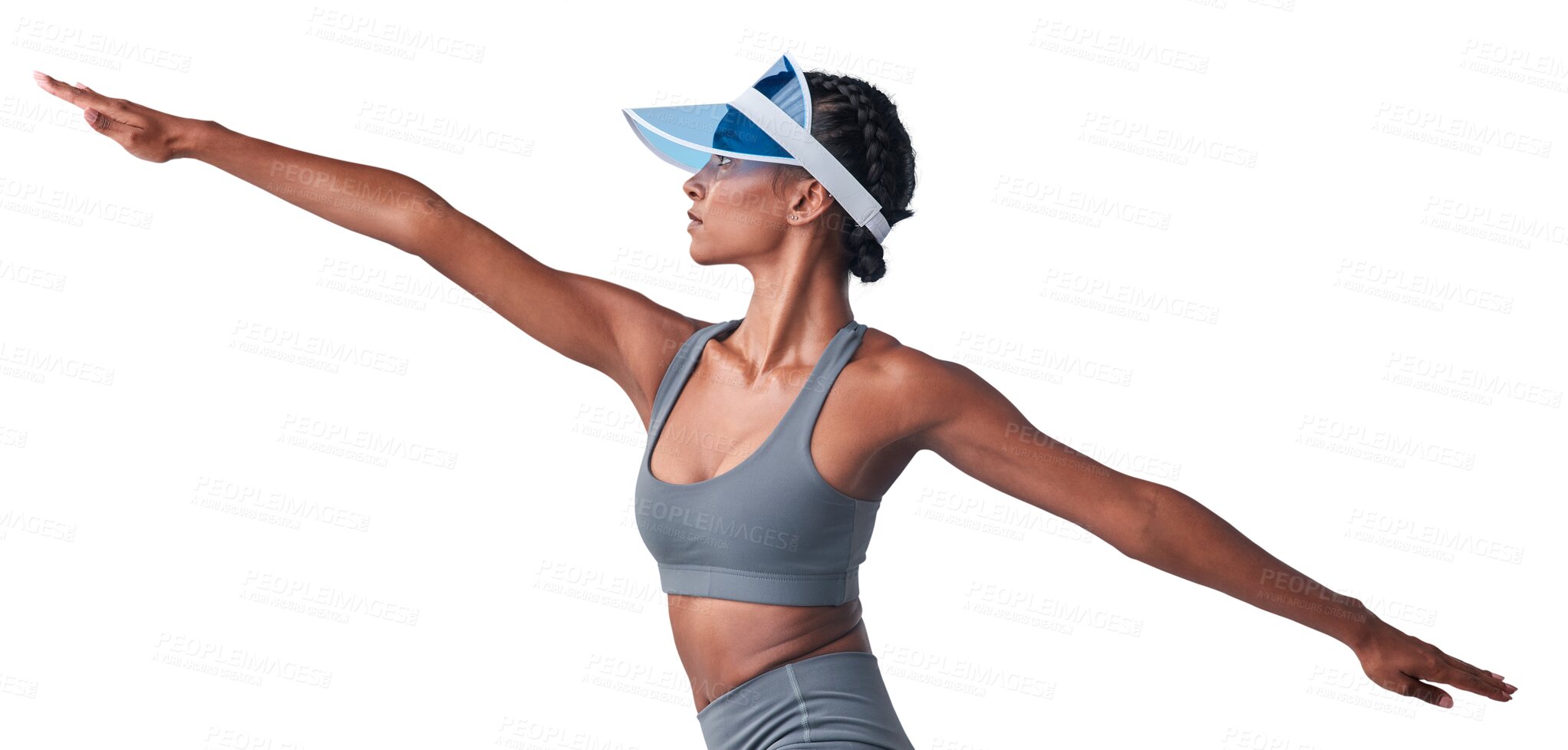 Buy stock photo Fitness, yoga balance and woman stretching for gym workout, athlete body care or healthy lifestyle. Start warm up pose, training exercise and pilates person isolated on transparent, png background