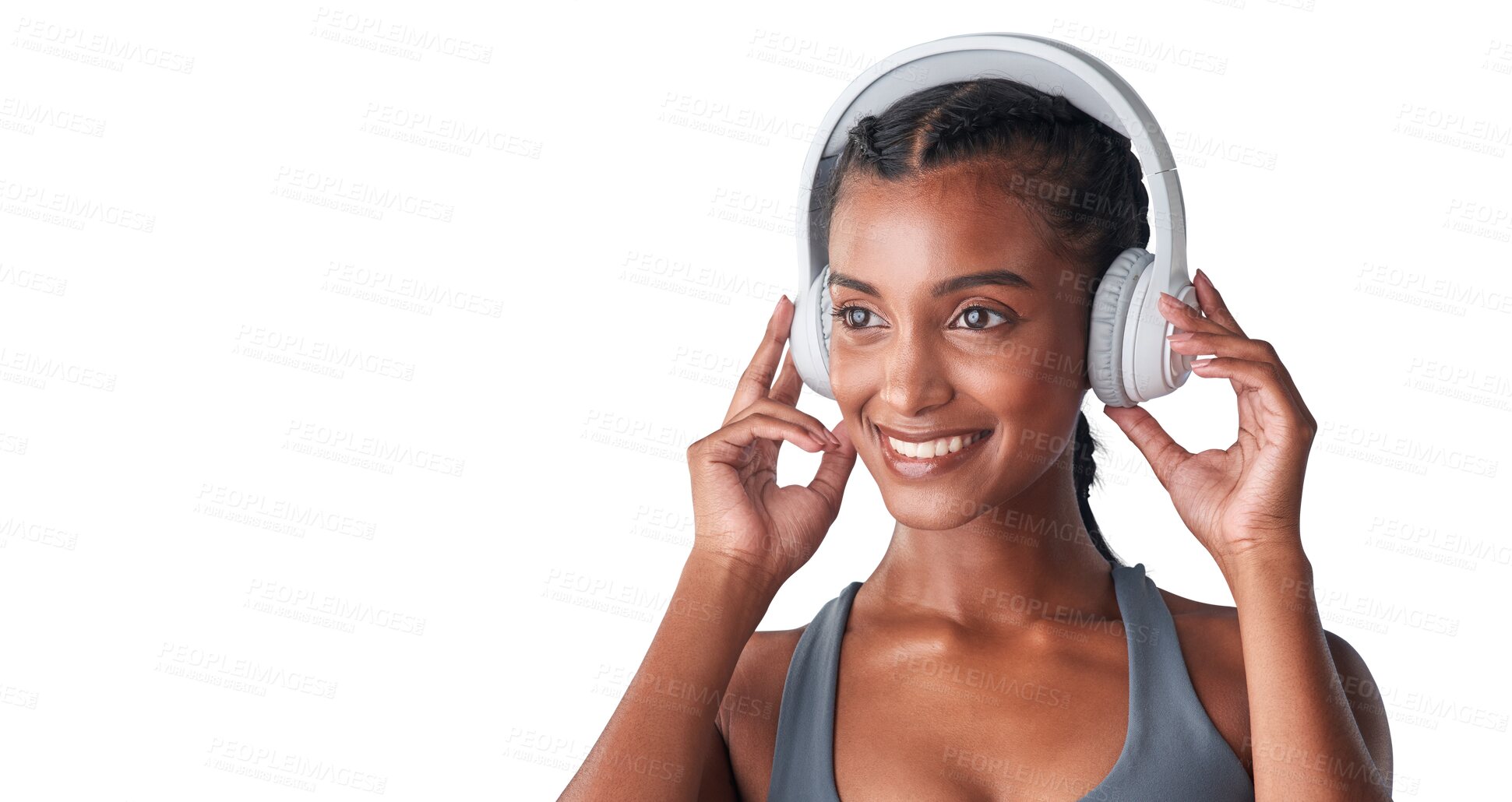 Buy stock photo Workout music, headphones and face of happy woman listening to exercise song, audio podcast or radio sound. Training, streaming gym playlist and female athlete isolated on transparent, png background