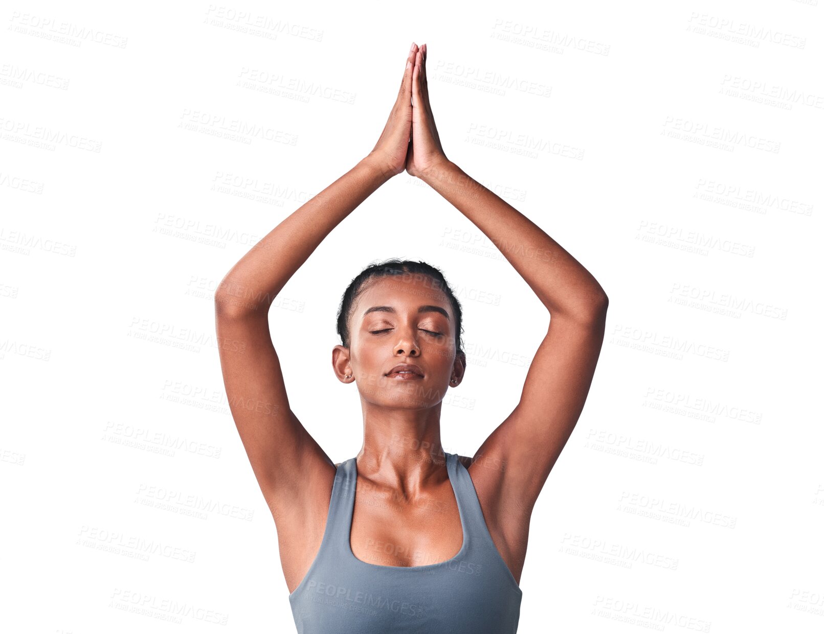 Buy stock photo Yoga, zen and relax woman meditation for aura energy healing, freedom peace and yogi inner balance. Meditate, stress relief calm and pilates person breathing isolated on transparent, png background