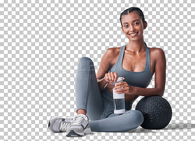 Buy stock photo Exercise ball, portrait or happy woman with water bottle for relax hydration, wellness or tired after hard work. Beverage liquid, drink or thirsty person smile isolated on transparent, png background