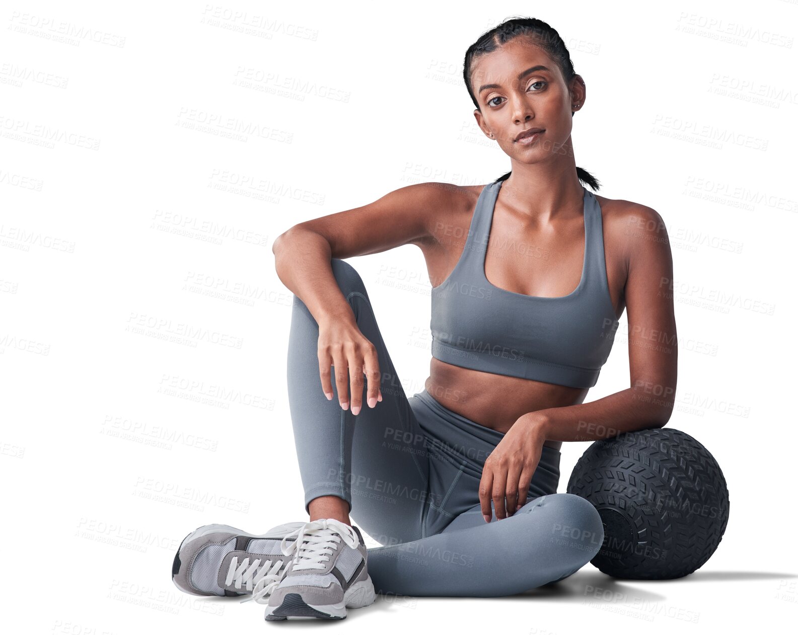 Buy stock photo Fitness, portrait or woman with medicine ball for exercise training, sports or body development. Face, healthy or Indian girl athlete in workout for wellness isolated on transparent on png background