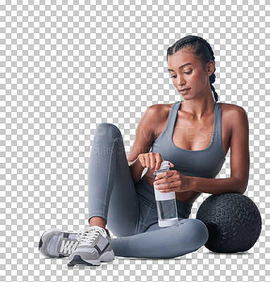 Water, bottle, black woman portrait and of a athlete in a gym after workout  and sport. Hydration, d Stock Photo by YuriArcursPeopleimages