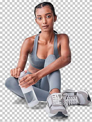 Buy stock photo Isolated woman, fitness portrait and bottle on floor, training and hydration by transparent png background. Girl, model or personal trainer with equipment for wellness, health and workout with water