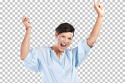 Buy stock photo Portrait, excited and woman with celebration, cheering and model isolated against a transparent background. Face, female person and lady with happiness, winning and victory with png and achievement