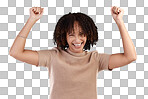 Excited, portrait or girl in celebration of winning lottery isolated on transparent PNG background. Yes, face of winner or happy woman cheering with smile for victory success, deal or reward bonus