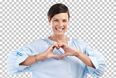 Buy stock photo Support, heart hands or portrait of happy woman for kindness isolated on transparent png background. Peace, wellness or female person smiling with love emoji, icon or symbol with hope or happiness