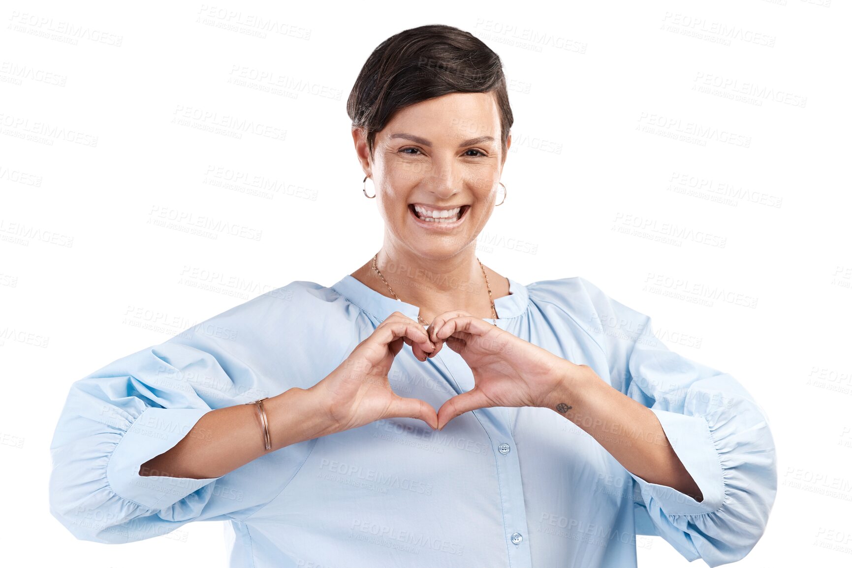 Buy stock photo Support, heart hands or portrait of happy woman for kindness isolated on transparent png background. Peace, wellness or female person smiling with love emoji, icon or symbol with hope or happiness