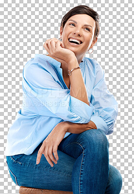 Buy stock photo Thinking, fashion and relax happy woman laugh at meme idea, trendy style plan or funny apparel joke. Planning, happiness and female person laughing at comedy isolated on transparent, png background