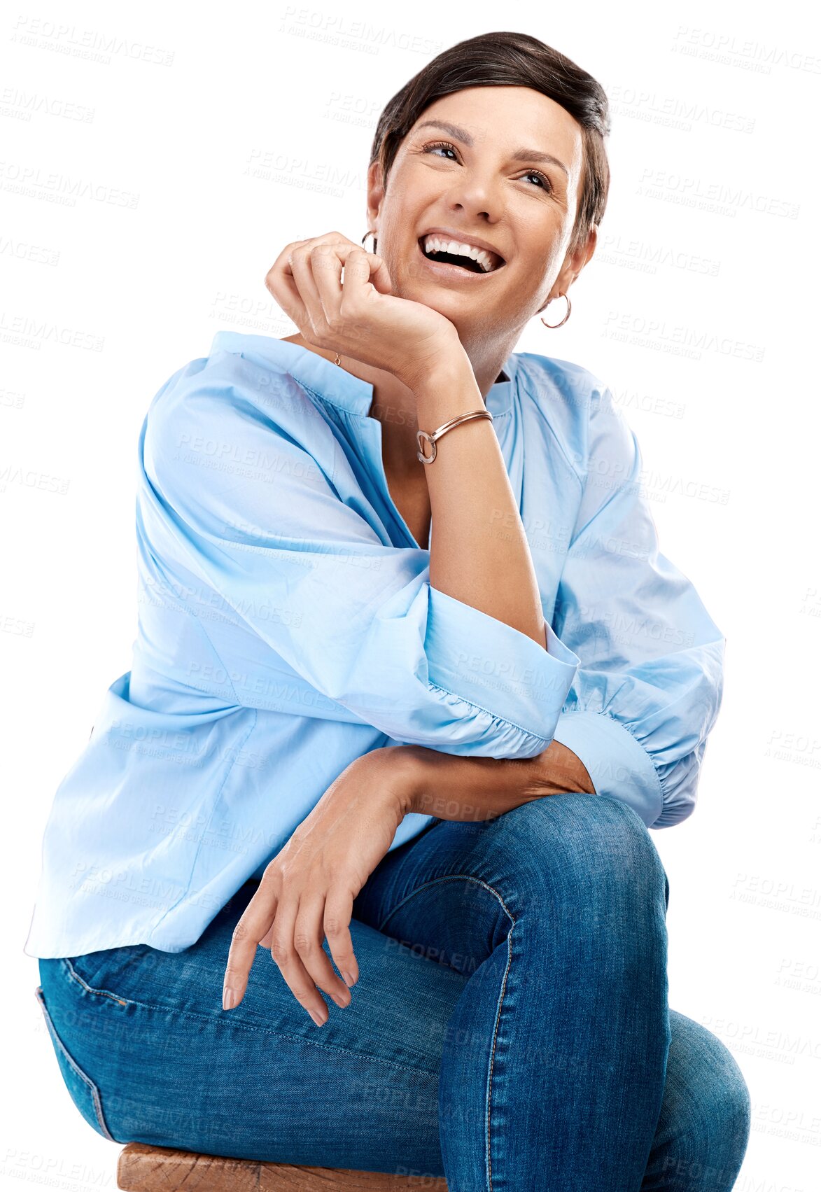 Buy stock photo Thinking, fashion and relax happy woman laugh at meme idea, trendy style plan or funny apparel joke. Planning, happiness and female person laughing at comedy isolated on transparent, png background