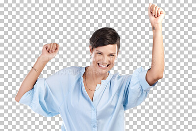 Buy stock photo Excited winner, portrait or girl in celebration of winning lottery isolated on transparent PNG background. Yes, face smile or happy woman cheering with smile for victory success, deal or reward bonus