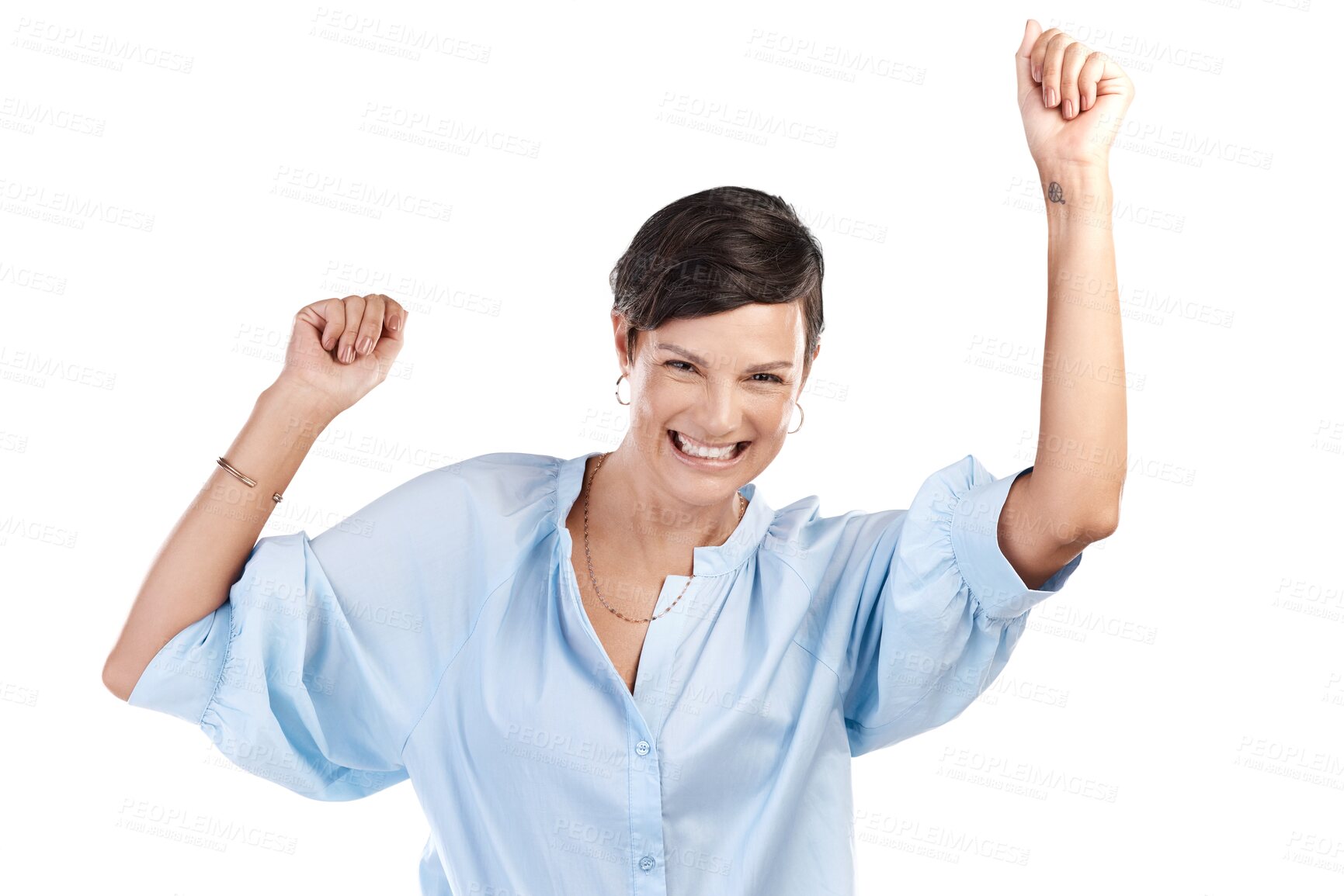 Buy stock photo Excited winner, portrait or girl in celebration of winning lottery isolated on transparent PNG background. Yes, face smile or happy woman cheering with smile for victory success, deal or reward bonus