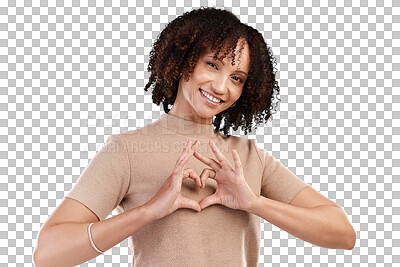 Buy stock photo Wellness, heart hands or portrait of happy girl for kindness isolated on transparent png background. Peace, support or face of woman smiling with love emoji, icon or symbol with hope or happiness 