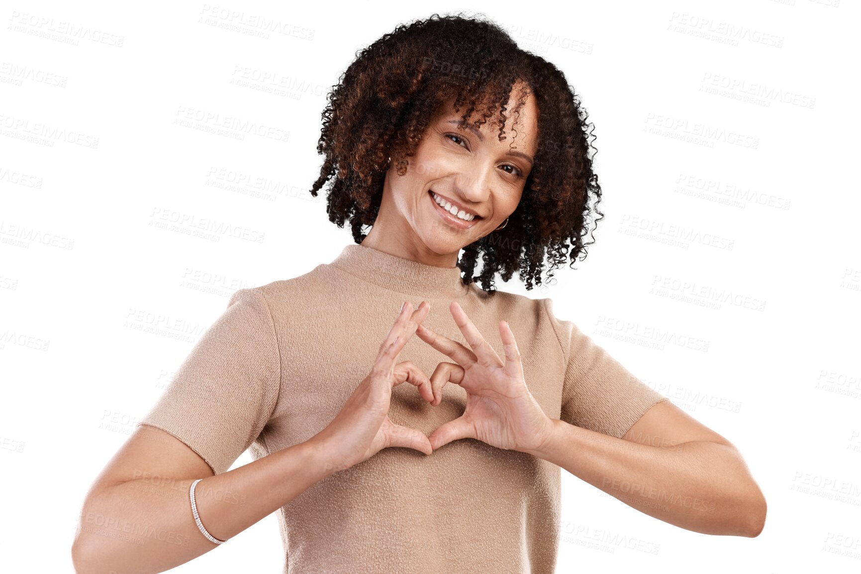 Buy stock photo Wellness, heart hands or portrait of happy girl for kindness isolated on transparent png background. Peace, support or face of woman smiling with love emoji, icon or symbol with hope or happiness 