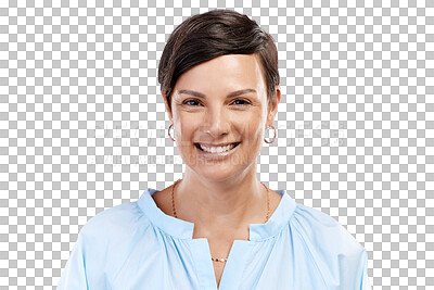 Buy stock photo Portrait, fashion and smile with a woman in a shirt isolated on transparent background for trendy style. Face, happy and confident with a young female person in a fashionable or trendy outfit on PNG