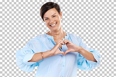 Buy stock photo Wellness, heart hands or portrait of happy woman for kindness isolated on transparent png background. Peace, support or female person smiling with love emoji, icon or symbol with hope