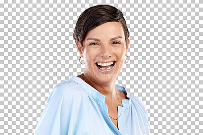 Buy stock photo Happy, smile and portrait of woman laughing for a funny, comedy or comic joke with humor. Happiness, excited and headshot of female model with positive mindset isolated by transparent png background.