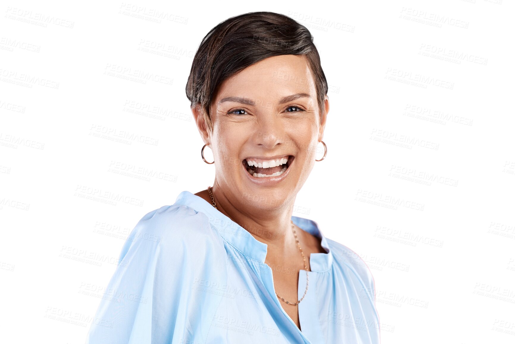 Buy stock photo Happy, smile and portrait of woman laughing for a funny, comedy or comic joke with humor. Happiness, excited and headshot of female model with positive mindset isolated by transparent png background.