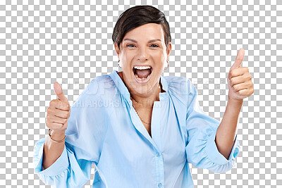 Buy stock photo Portrait, thumbs up or happy woman excited by approval isolated on transparent png background. Success, winning or person smiling with okay hand gesture or emoji for agreement, like or thank you 