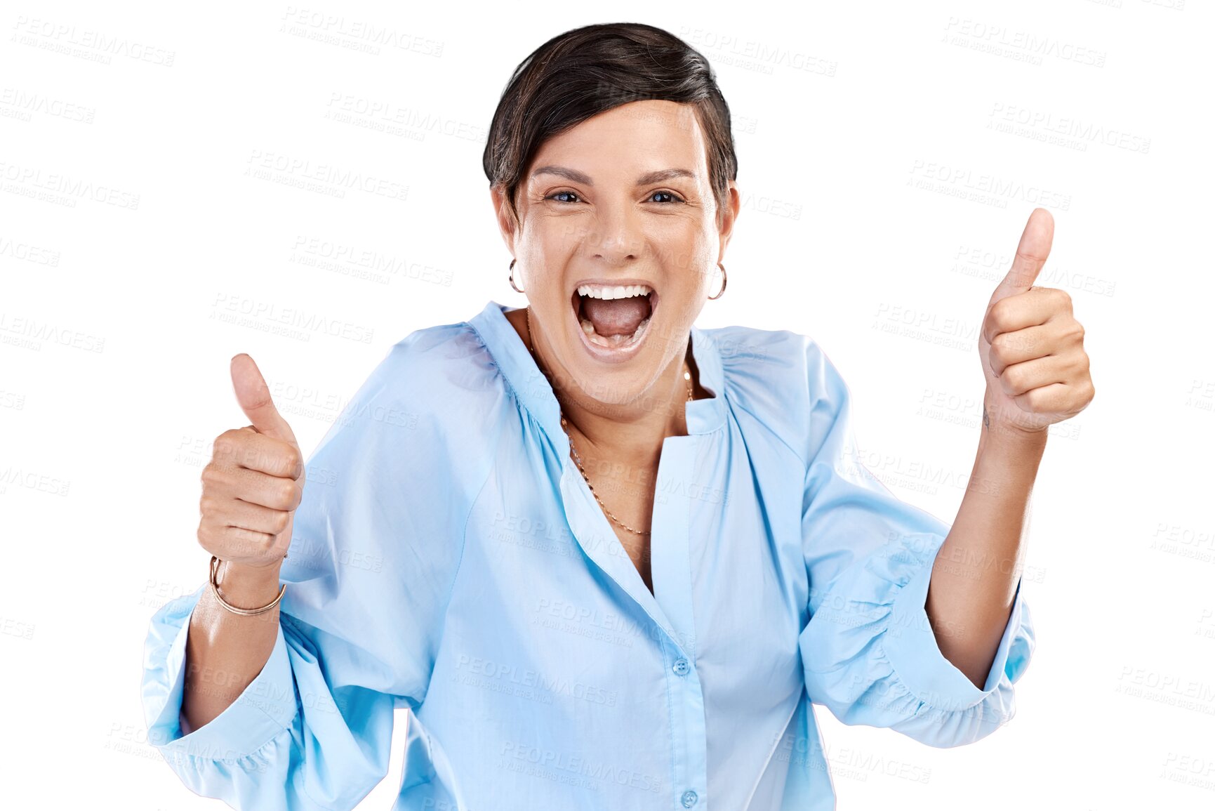 Buy stock photo Portrait, thumbs up or happy woman excited by approval isolated on transparent png background. Success, winning or person smiling with okay hand gesture or emoji for agreement, like or thank you 