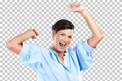 Buy stock photo Excited, portrait or woman in celebration of winning lottery isolated on transparent PNG background. Yes, face of winner or happy girl cheering with smile for victory success, deal or reward bonus