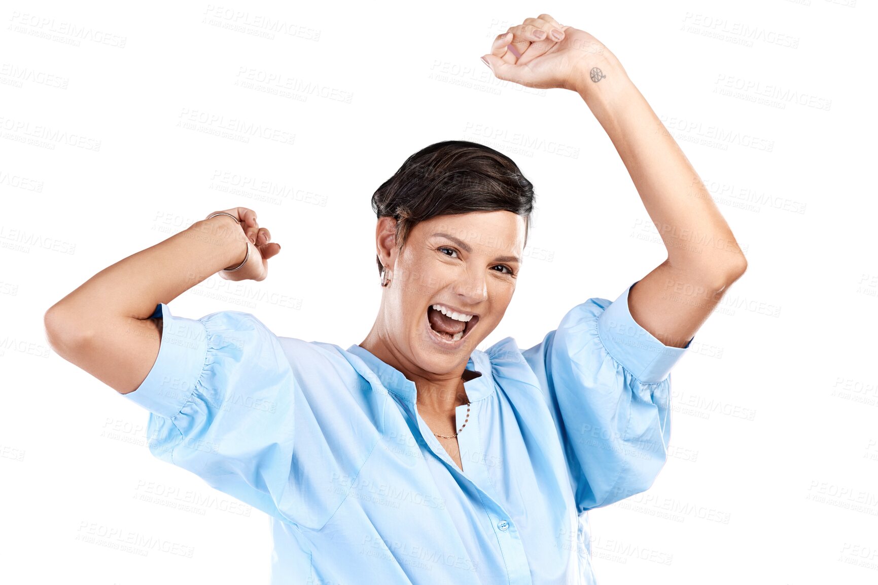 Buy stock photo Excited, portrait or woman in celebration of winning lottery isolated on transparent PNG background. Yes, face of winner or happy girl cheering with smile for victory success, deal or reward bonus