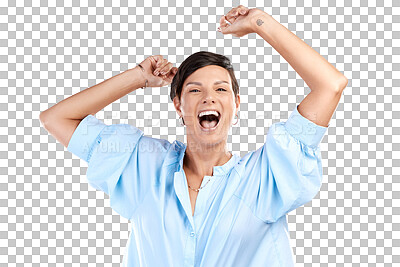 Buy stock photo Excited, portrait or happy woman in celebration of winning lottery isolated on transparent PNG background. Yes, face of winner or girl cheering with smile for victory success, deal or reward bonus