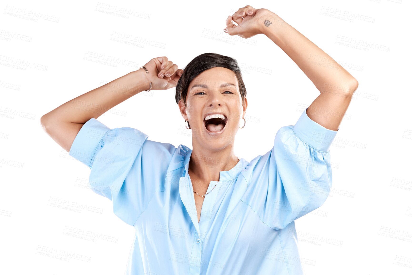 Buy stock photo Excited, portrait or happy woman in celebration of winning lottery isolated on transparent PNG background. Yes, face of winner or girl cheering with smile for victory success, deal or reward bonus