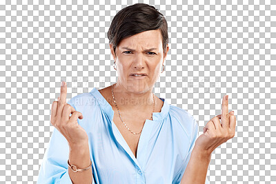 Buy stock photo Isolated woman, middle finger and anger in portrait with bad review, rude or annoyed by transparent png background. Girl, model and fuck you sign with angry face, stress and emoji with mental health