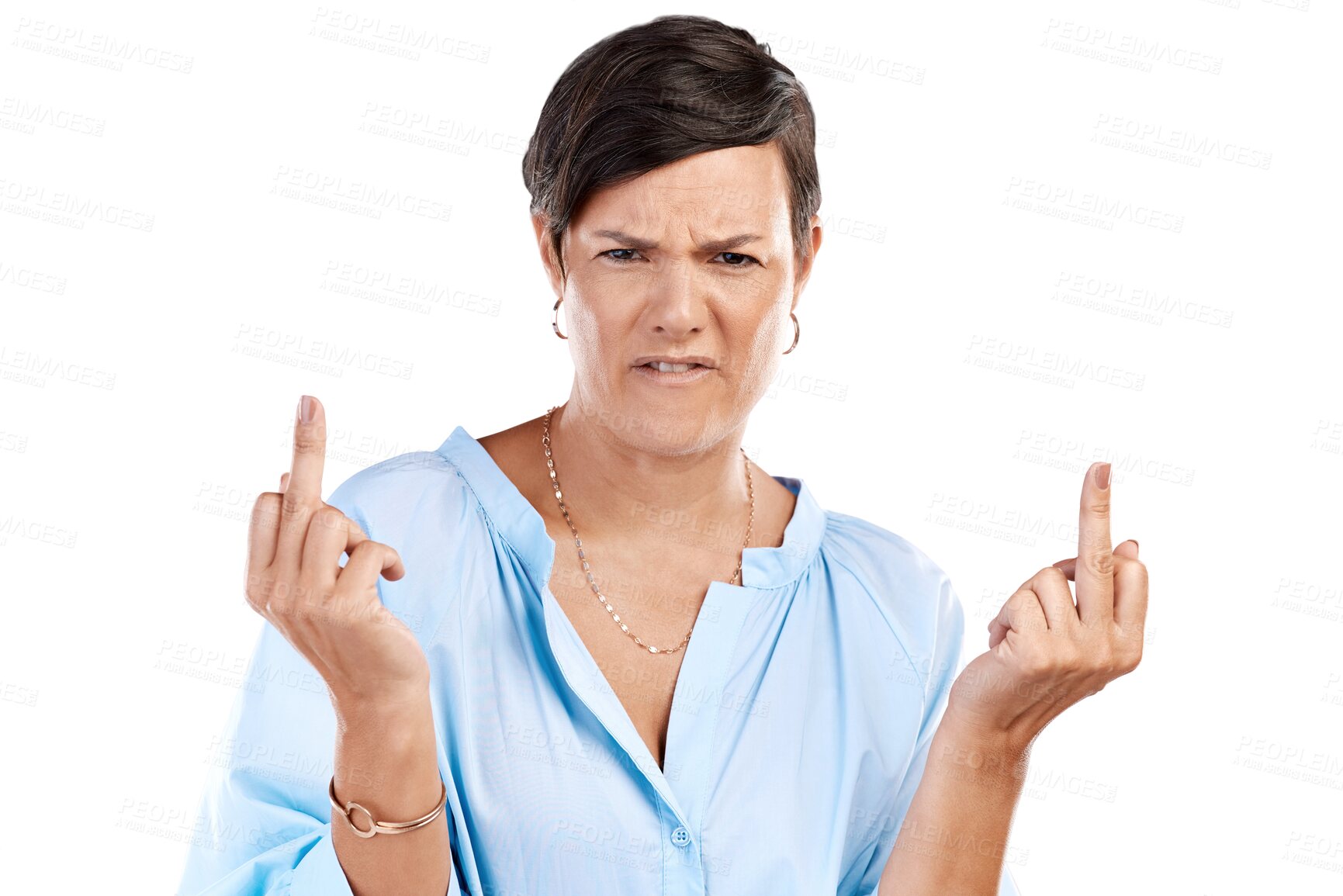 Buy stock photo Isolated woman, middle finger and anger in portrait with bad review, rude or annoyed by transparent png background. Girl, model and fuck you sign with angry face, stress and emoji with mental health