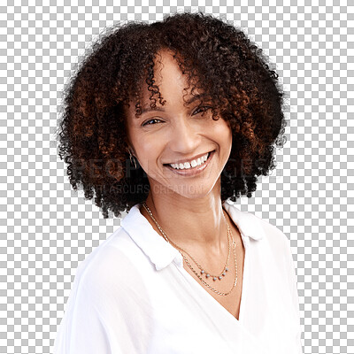 Buy stock photo Portrait, smile and woman with beauty, stylish clothes and lady isolated against a transparent background. Face, female person or model with happiness, freedom and casual outfit with png and Jamaican