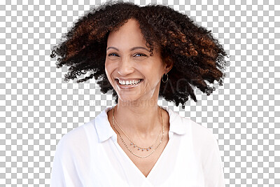 Buy stock photo Happy, hair and shake with portrait of woman on transparent background for dance, joy and movement. Happiness, smile and natural with face of person isolated on png for confidence, style and pride