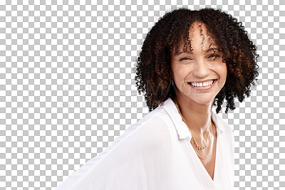 Buy stock photo Portrait, smile and woman with beauty, carefree and model isolated against a transparent background. Face, female person and lady with curly hair, freedom and stylish clothes with png and Jamaican