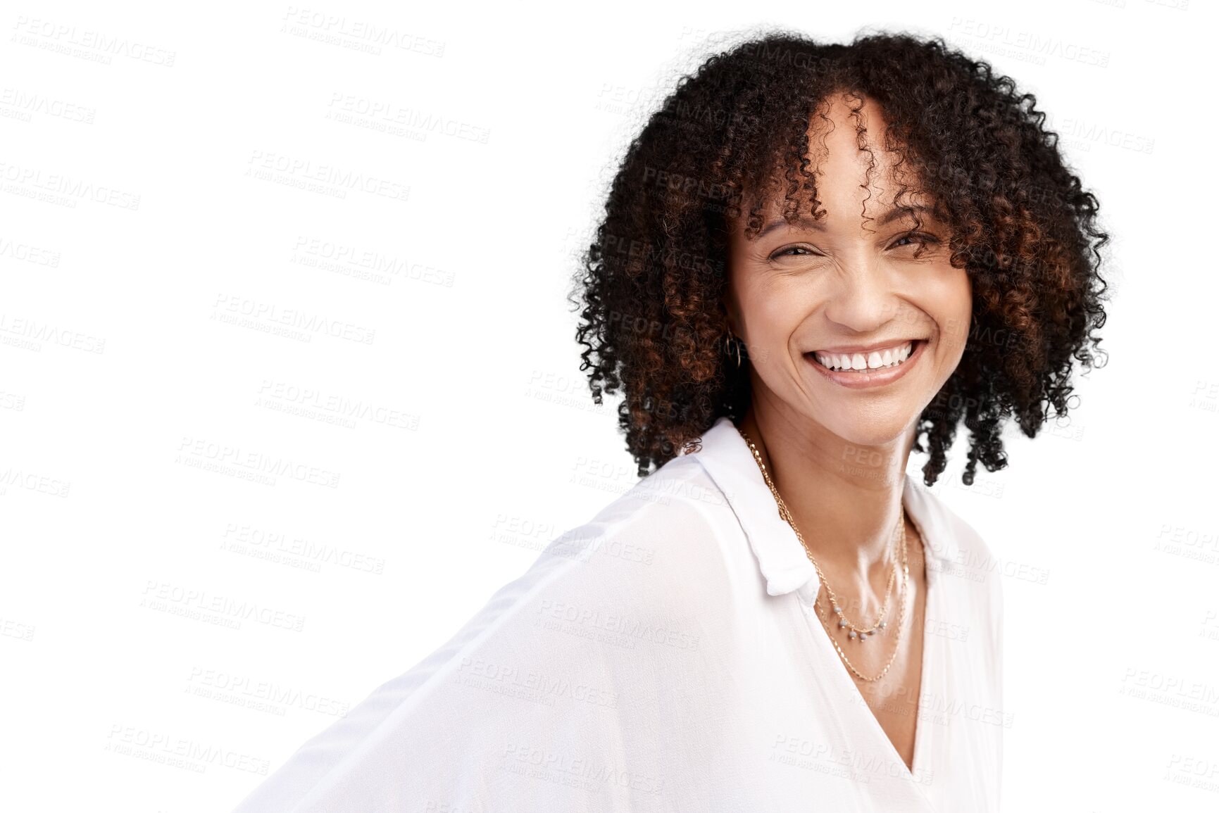 Buy stock photo Portrait, smile and woman with beauty, carefree and model isolated against a transparent background. Face, female person and lady with curly hair, freedom and stylish clothes with png and Jamaican