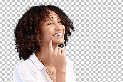 Buy stock photo Thinking, happy and face of woman laugh at meme idea, development plan or funny solution, choice or joke. Planning, smile and female person laughing at comedy isolated on transparent, png background