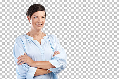 Buy stock photo Thinking, smile and arms crossed with a trendy woman isolated on a transparent background for fashion or style. Idea, happy and confident with a young female person in a fashionable outfit on PNG