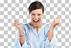 Winner, portrait or excited girl in celebration of winning lottery isolated on transparent PNG background. Yes, fist pump or happy face of woman cheering with smile for victory success, deal or bonus