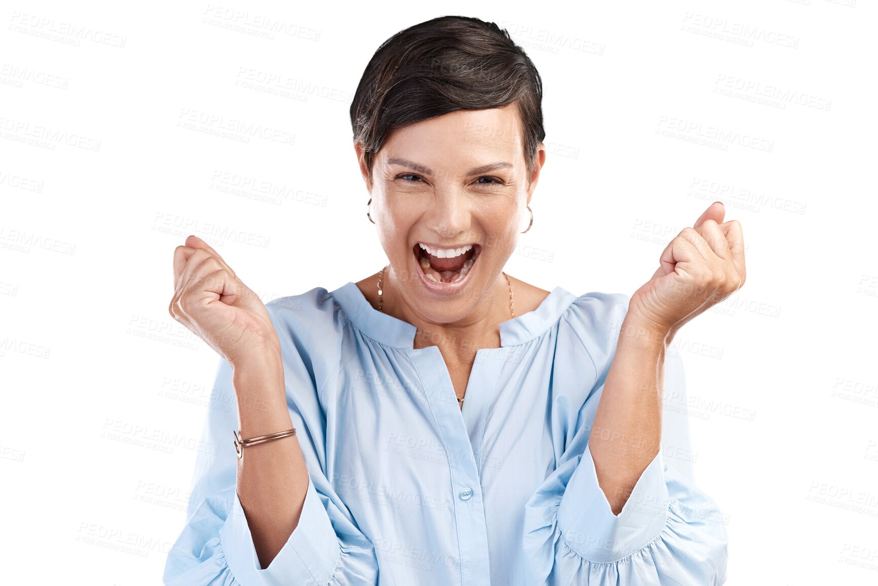 Buy stock photo Winner, portrait or excited girl in celebration of winning lottery isolated on transparent PNG background. Yes, fist pump or happy face of woman cheering with smile for victory success, deal or bonus