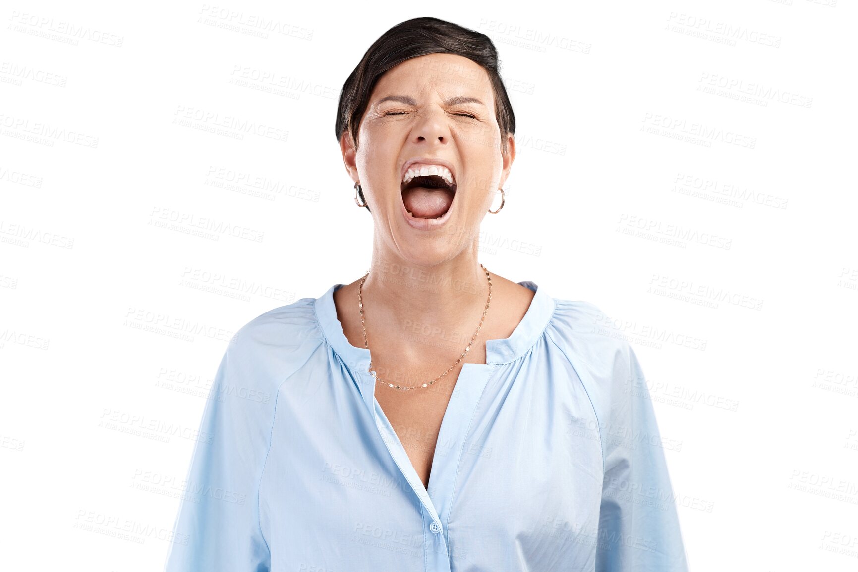 Buy stock photo Shout, anger problem and woman angry over crisis, mistake or frustrated over stress, trauma or bipolar. Mental health depression, voice and person with anxiety isolated on transparent, png background