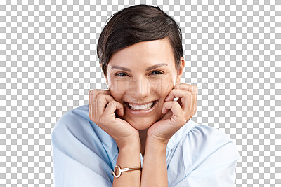 Buy stock photo Portrait, fashion and comedy with a woman in a shirt isolated on transparent background for trendy style. Face, funny and laughing with a young female person in a fashionable or stylish outfit on PNG