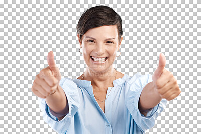 Buy stock photo Portrait, success or happy woman with thumbs up or smile isolated on transparent png background. Support, winning or person smiling with okay hand gesture or emoji for agreement, like or thank you