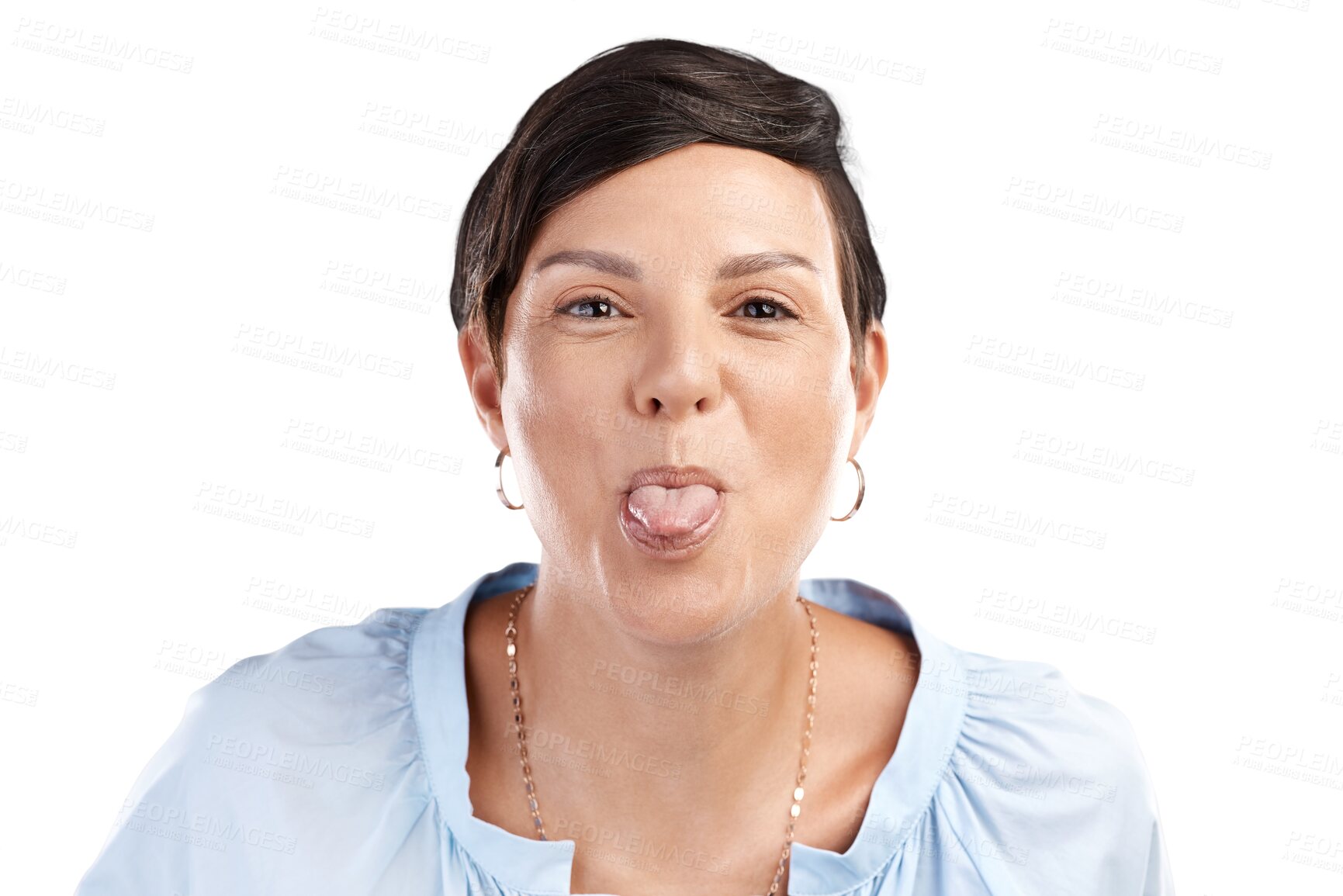 Buy stock photo Goofy, portrait and young woman with her tongue out for comic, comedy or funny joke with humor. Confidence, playful and headshot of female model with silly face isolated by transparent png background