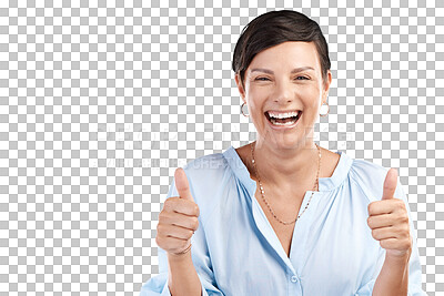 Buy stock photo Portrait, thumbs up or happy woman with thumbs up or smile isolated on transparent png background. Success, winning or person smiling with okay hand gesture or emoji for agreement, like or thank you