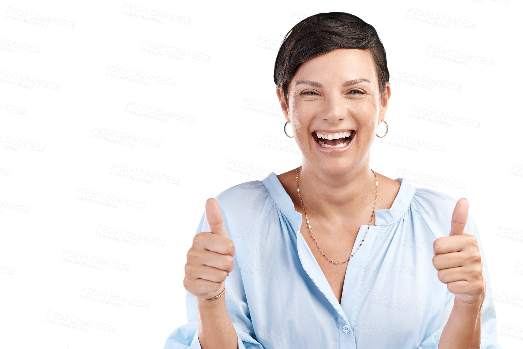 Buy stock photo Portrait, thumbs up or happy woman with thumbs up or smile isolated on transparent png background. Success, winning or person smiling with okay hand gesture or emoji for agreement, like or thank you