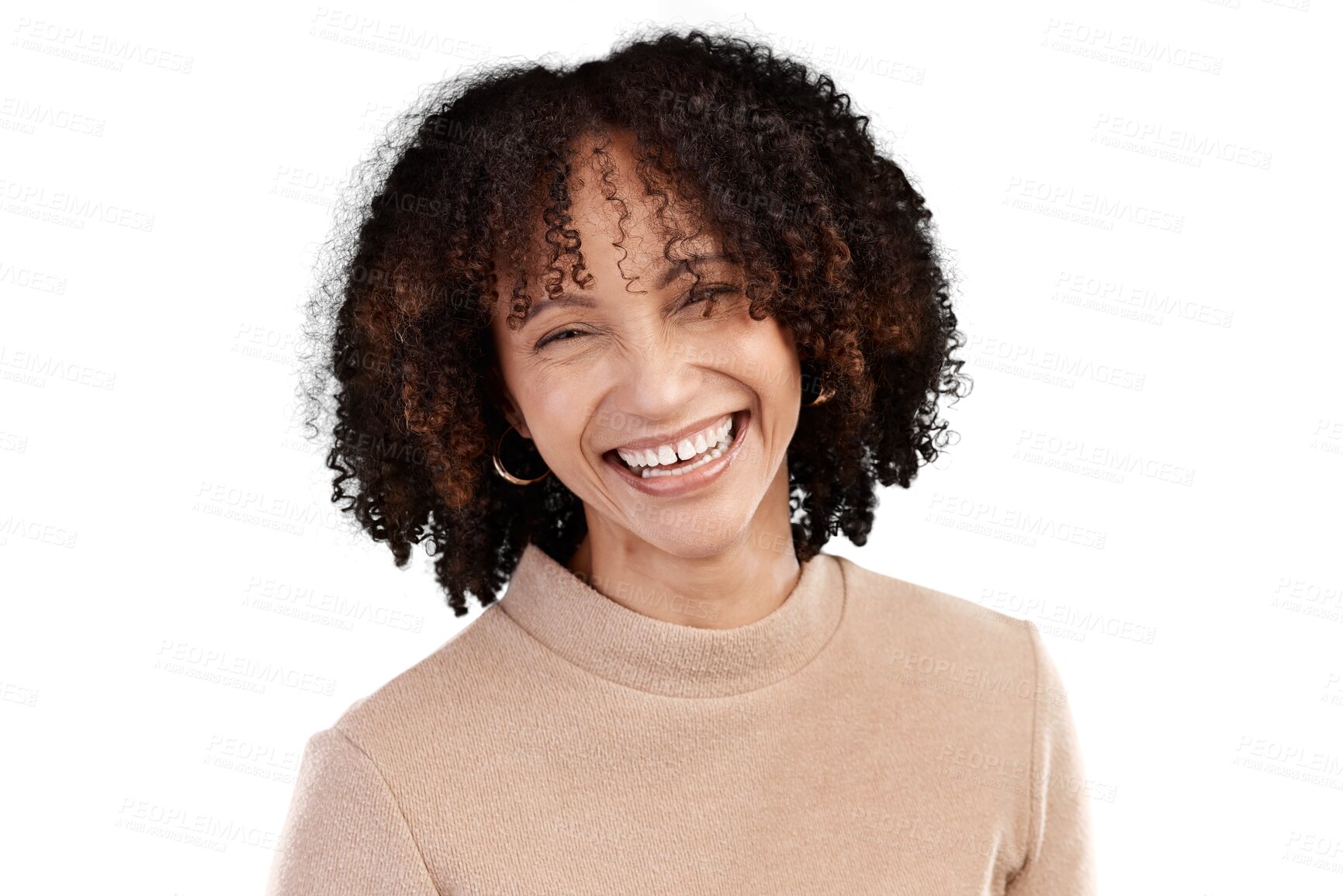 Buy stock photo Face portrait, smile and woman laugh at funny joke, comedy humour and having crazy fun, joy and carefree. Comic, excited and female person laughing at meme isolated on transparent, png background