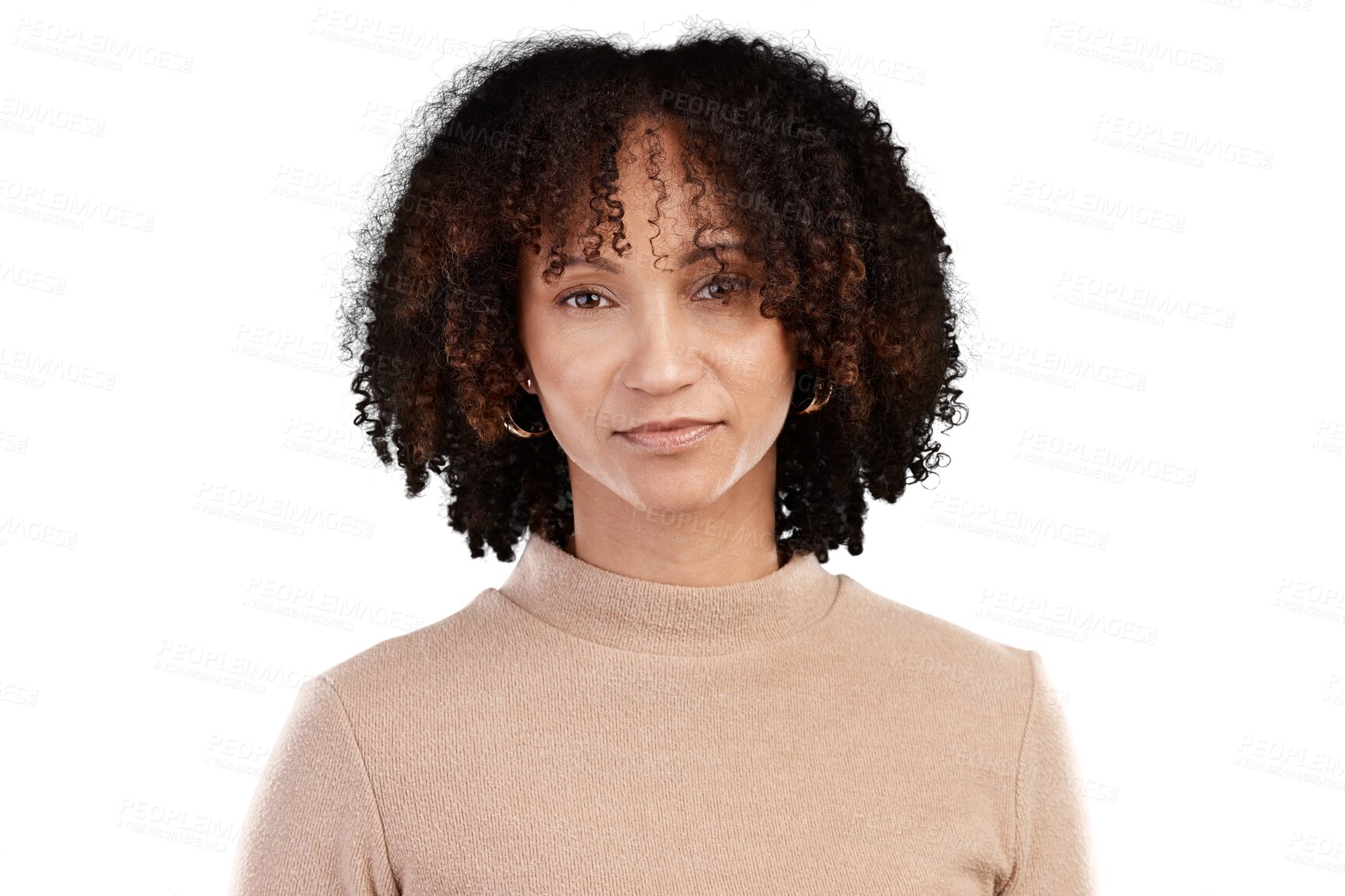 Buy stock photo Portrait, serious and woman with beauty, carefree and girl isolated against a transparent background. Face, female person or model with curly hair, fashion and stylish clothes with png and expression